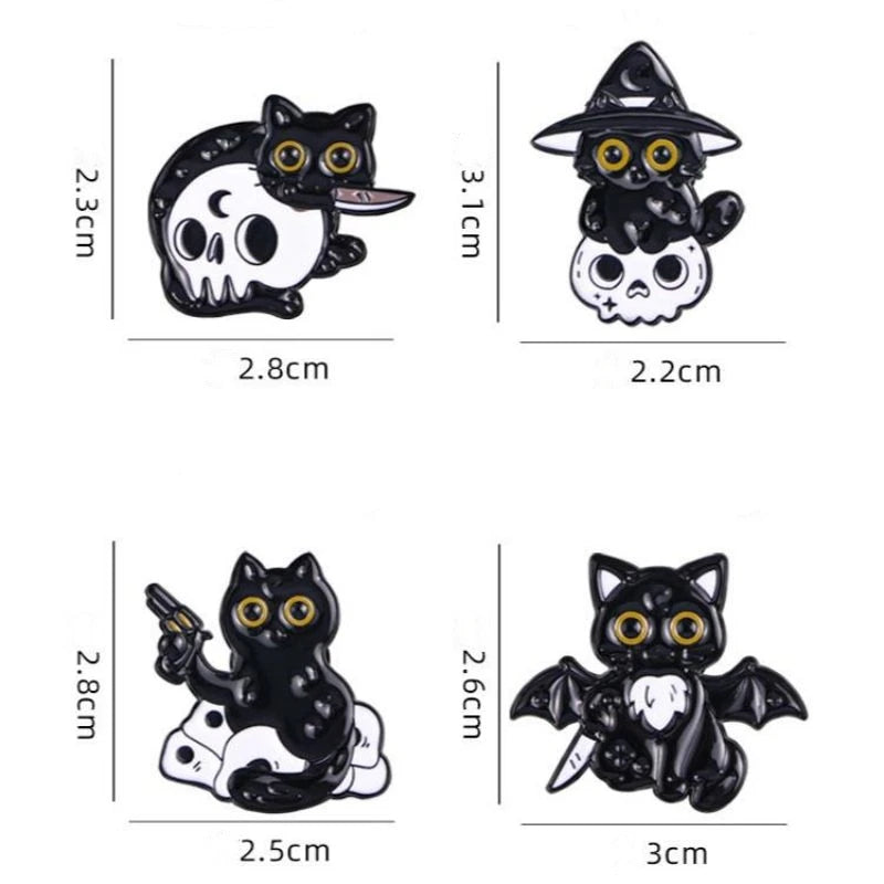 Cute Black Cat Skull Bat Animal Cartoon Enamel Brooch Creative Halloween Lapel Pin Backpack Clothing Decoration Accessories