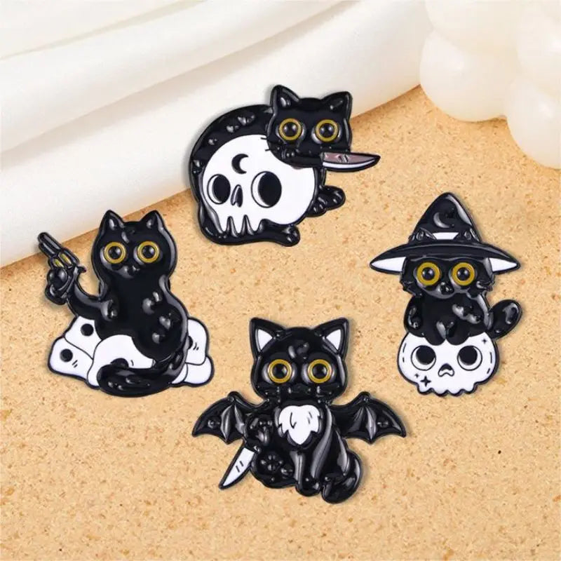 Cute Black Cat Skull Bat Animal Cartoon Enamel Brooch Creative Halloween Lapel Pin Backpack Clothing Decoration Accessories