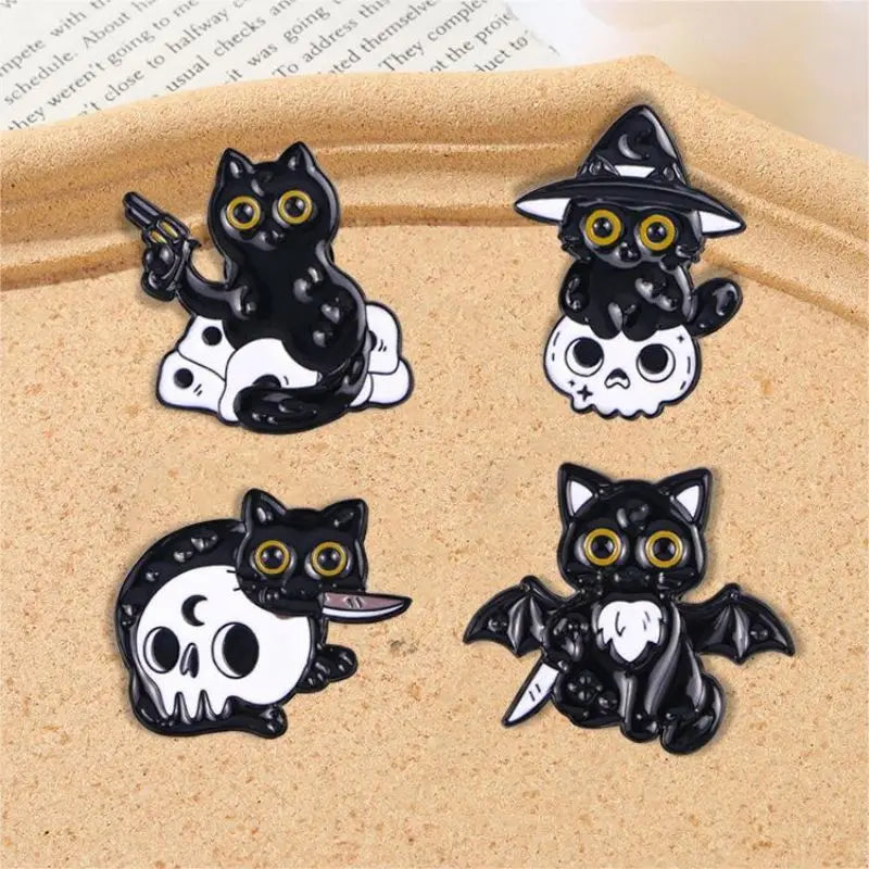 Cute Black Cat Skull Bat Animal Cartoon Enamel Brooch Creative Halloween Lapel Pin Backpack Clothing Decoration Accessories