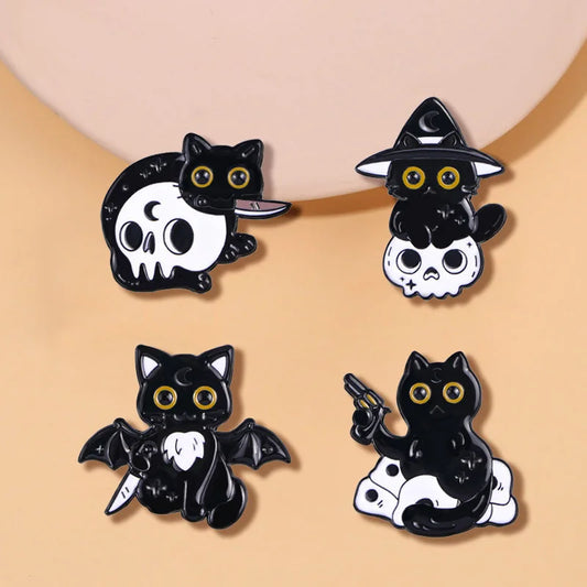 Cute Black Cat Skull Bat Animal Cartoon Enamel Brooch Creative Halloween Lapel Pin Backpack Clothing Decoration Accessories