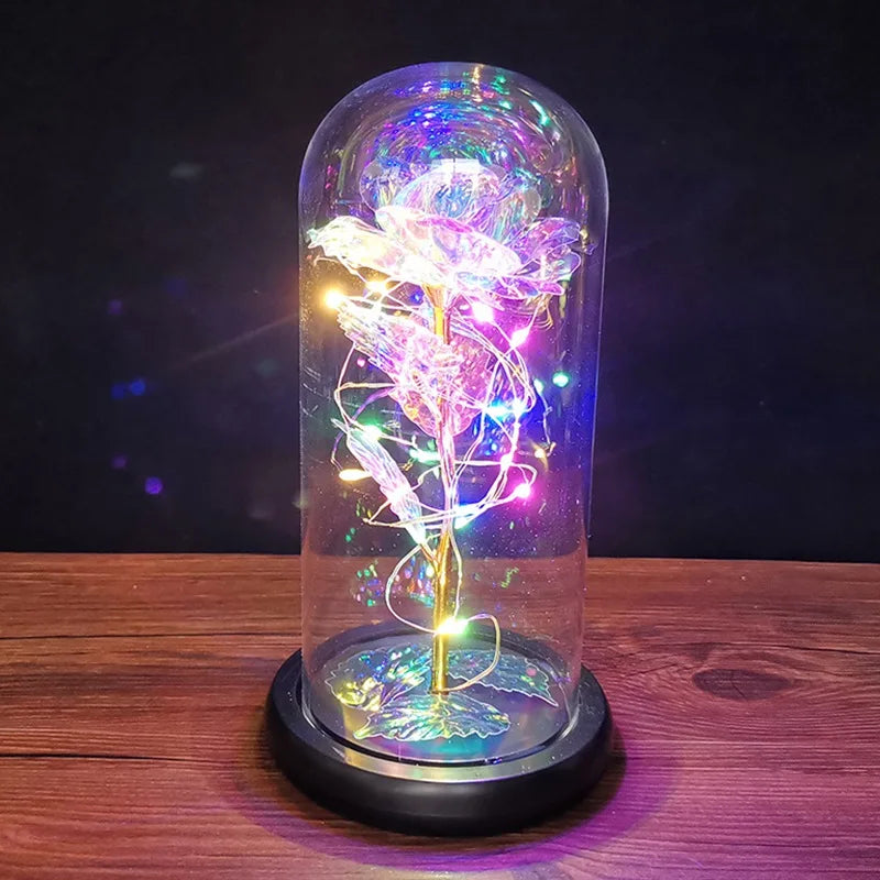 Galaxy Rose Flower Gift Beauty 24K Foil Plated Gold Rose In Glass Dome With Lights Infinity Crystal Rose Valentine's Day Gift - Gifts and Funny Trinkets