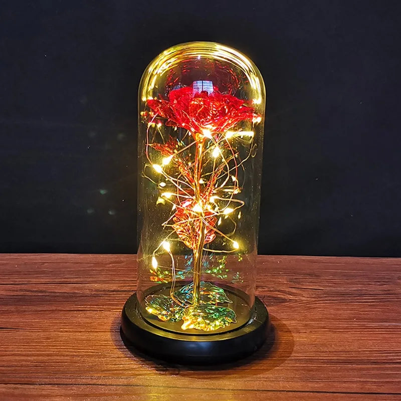 Galaxy Rose Flower Gift Beauty 24K Foil Plated Gold Rose In Glass Dome With Lights Infinity Crystal Rose Valentine's Day Gift - Gifts and Funny Trinkets