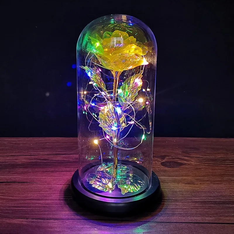 Galaxy Rose Flower Gift Beauty 24K Foil Plated Gold Rose In Glass Dome With Lights Infinity Crystal Rose Valentine's Day Gift - Gifts and Funny Trinkets