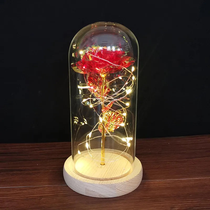 Galaxy Rose Flower Gift Beauty 24K Foil Plated Gold Rose In Glass Dome With Lights Infinity Crystal Rose Valentine's Day Gift - Gifts and Funny Trinkets