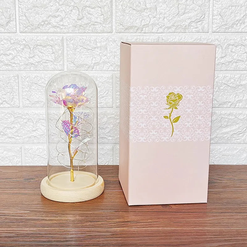 Galaxy Rose Flower Gift Beauty 24K Foil Plated Gold Rose In Glass Dome With Lights Infinity Crystal Rose Valentine's Day Gift - Gifts and Funny Trinkets