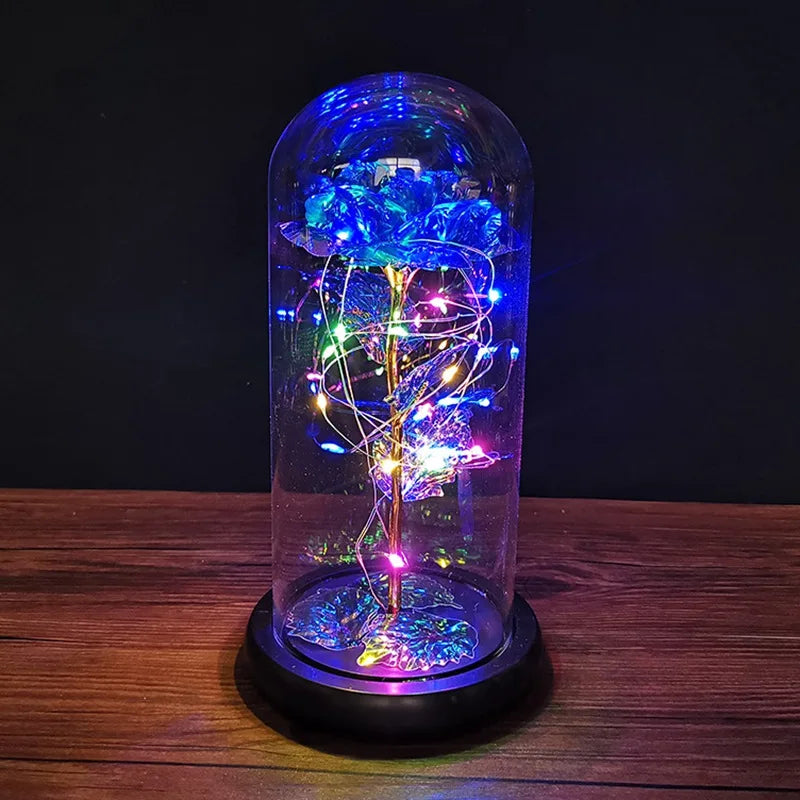 Galaxy Rose Flower Gift Beauty 24K Foil Plated Gold Rose In Glass Dome With Lights Infinity Crystal Rose Valentine's Day Gift - Gifts and Funny Trinkets