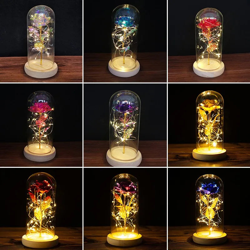 Galaxy Rose Flower Gift Beauty 24K Foil Plated Gold Rose In Glass Dome With Lights Infinity Crystal Rose Valentine's Day Gift - Gifts and Funny Trinkets