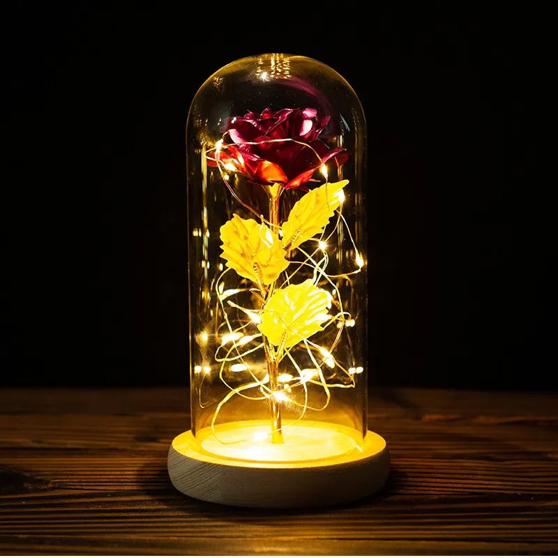 Galaxy Rose Flower Gift Beauty 24K Foil Plated Gold Rose In Glass Dome With Lights Infinity Crystal Rose Valentine's Day Gift - Gifts and Funny Trinkets