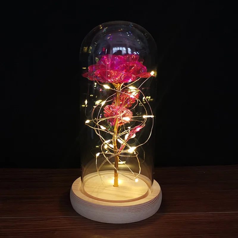 Galaxy Rose Flower Gift Beauty 24K Foil Plated Gold Rose In Glass Dome With Lights Infinity Crystal Rose Valentine's Day Gift - Gifts and Funny Trinkets