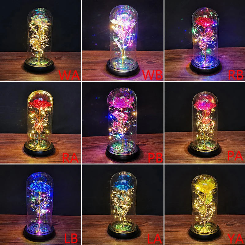 Galaxy Rose Flower Gift Beauty 24K Foil Plated Gold Rose In Glass Dome With Lights Infinity Crystal Rose Valentine's Day Gift - Gifts and Funny Trinkets