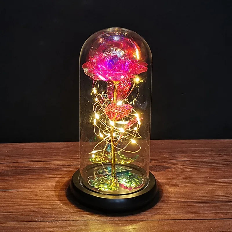 Galaxy Rose Flower Gift Beauty 24K Foil Plated Gold Rose In Glass Dome With Lights Infinity Crystal Rose Valentine's Day Gift - Gifts and Funny Trinkets