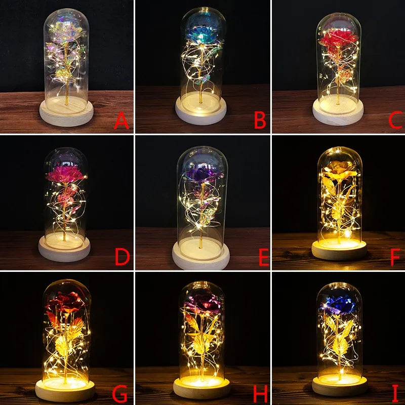 Galaxy Rose Flower Gift Beauty 24K Foil Plated Gold Rose In Glass Dome With Lights Infinity Crystal Rose Valentine's Day Gift - Gifts and Funny Trinkets