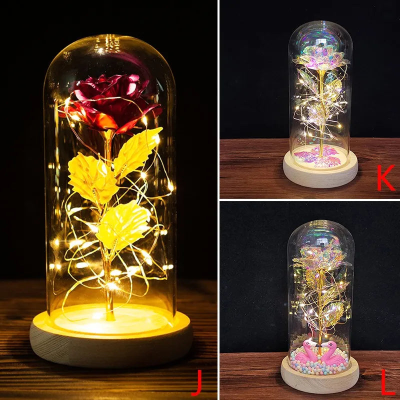 Galaxy Rose Flower Gift Beauty 24K Foil Plated Gold Rose In Glass Dome With Lights Infinity Crystal Rose Valentine's Day Gift - Gifts and Funny Trinkets