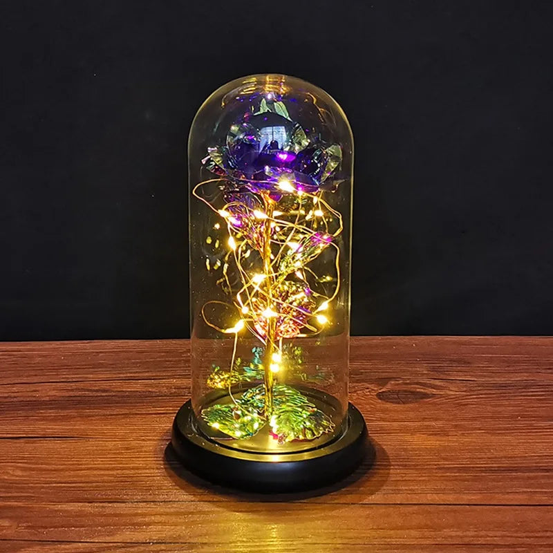 Galaxy Rose Flower Gift Beauty 24K Foil Plated Gold Rose In Glass Dome With Lights Infinity Crystal Rose Valentine's Day Gift - Gifts and Funny Trinkets