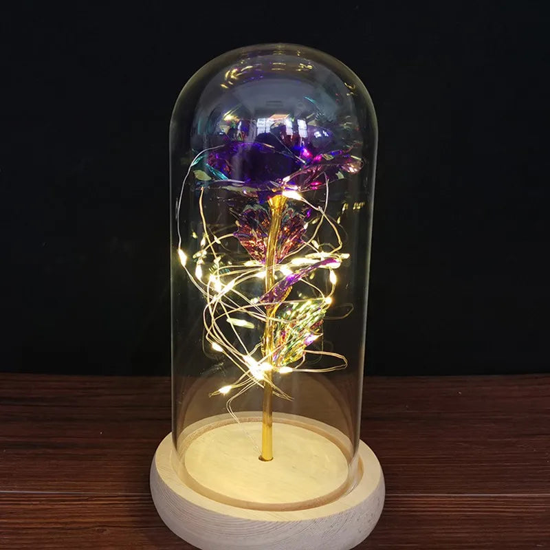 Galaxy Rose Flower Gift Beauty 24K Foil Plated Gold Rose In Glass Dome With Lights Infinity Crystal Rose Valentine's Day Gift - Gifts and Funny Trinkets