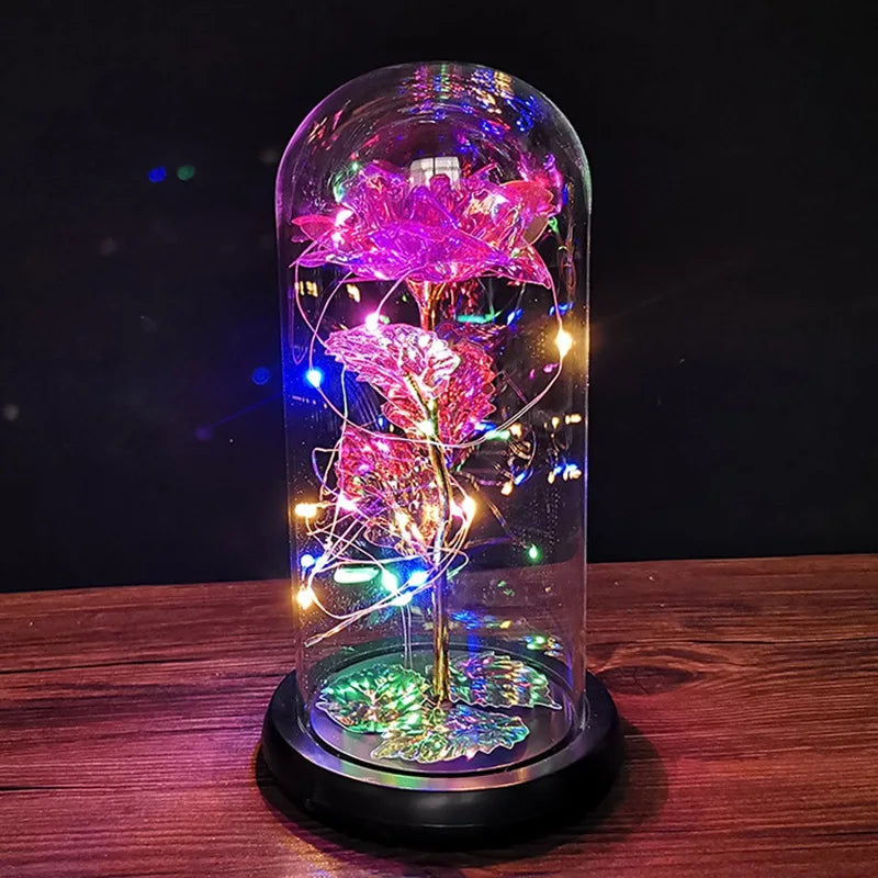 Galaxy Rose Flower Gift Beauty 24K Foil Plated Gold Rose In Glass Dome With Lights Infinity Crystal Rose Valentine's Day Gift - Gifts and Funny Trinkets