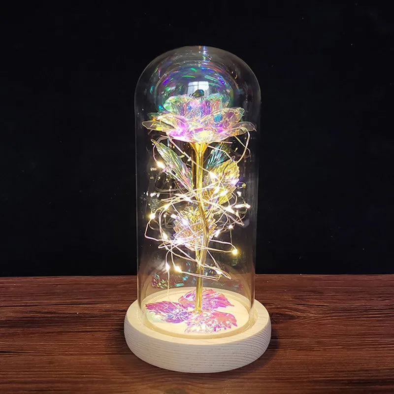 Galaxy Rose Flower Gift Beauty 24K Foil Plated Gold Rose In Glass Dome With Lights Infinity Crystal Rose Valentine's Day Gift - Gifts and Funny Trinkets