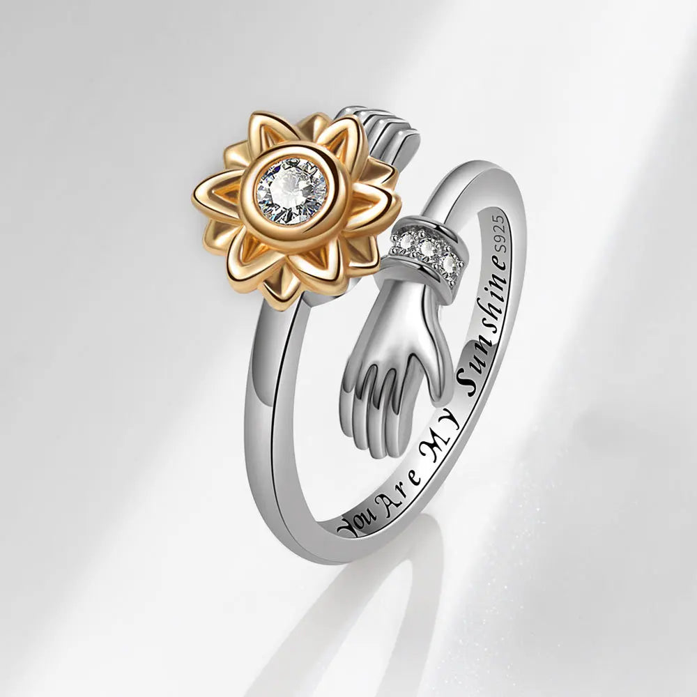 Romantic Hand With Love Hug Finger Ring Fidget Spinner Rotating Rings For Women Sunflower Adjustable Anti Anxiety Bague Femme - Gifts and Funny Trinkets