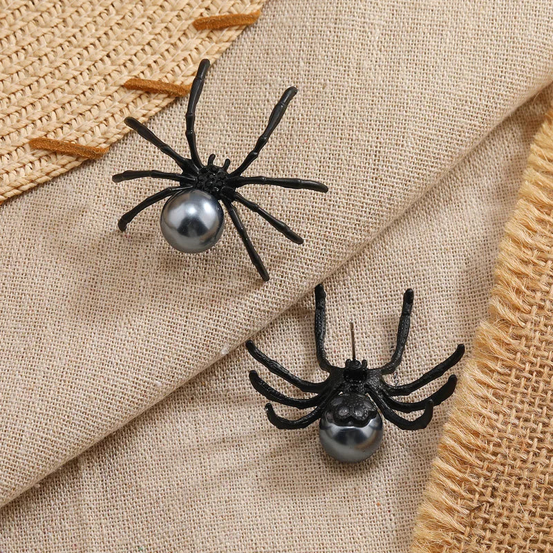 Halloween Hyperbole Dark Vintage Punk Earrings For Women Simple Personality Black Spider Alloy Pearl Jewelry Puncture Ear Studs