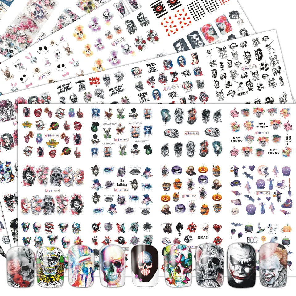 12 Sheets Various Halloween Elements Skull Skeleton Clown Zombie Corpse Water Transfer Nail Art Stickers Decals Manicure Charms