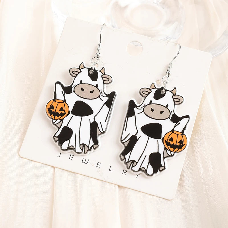 1Pair Halloween Drop Earring Creative Acrylic Cat Cow Ghost  Jewelry Stud Earring For Woman Girl Holiday Birthday Gift