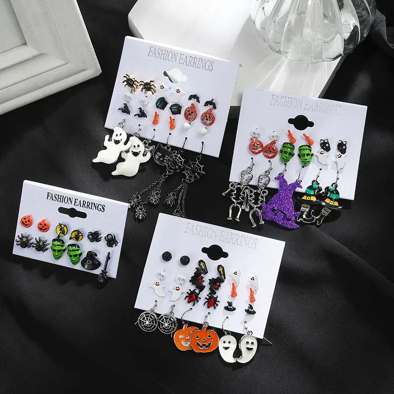 Halloween Series Earrings for Women Skeleton Ghost Cross Pendant Ear Studs Gothic Multi-Pack Earring Trendy Funny Jewelry Set