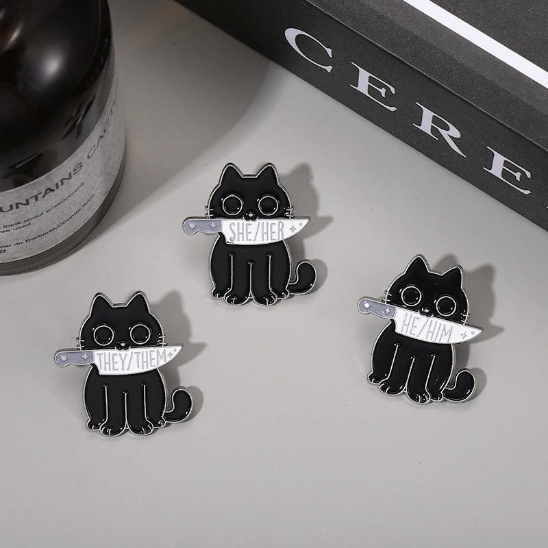 Pronouns Enamel Pins Custom Black Cats Dagger Brooches She Her He Him They Them Lapel Badges Animal Jewelry Gift for Friends - Gifts and Funny Trinkets