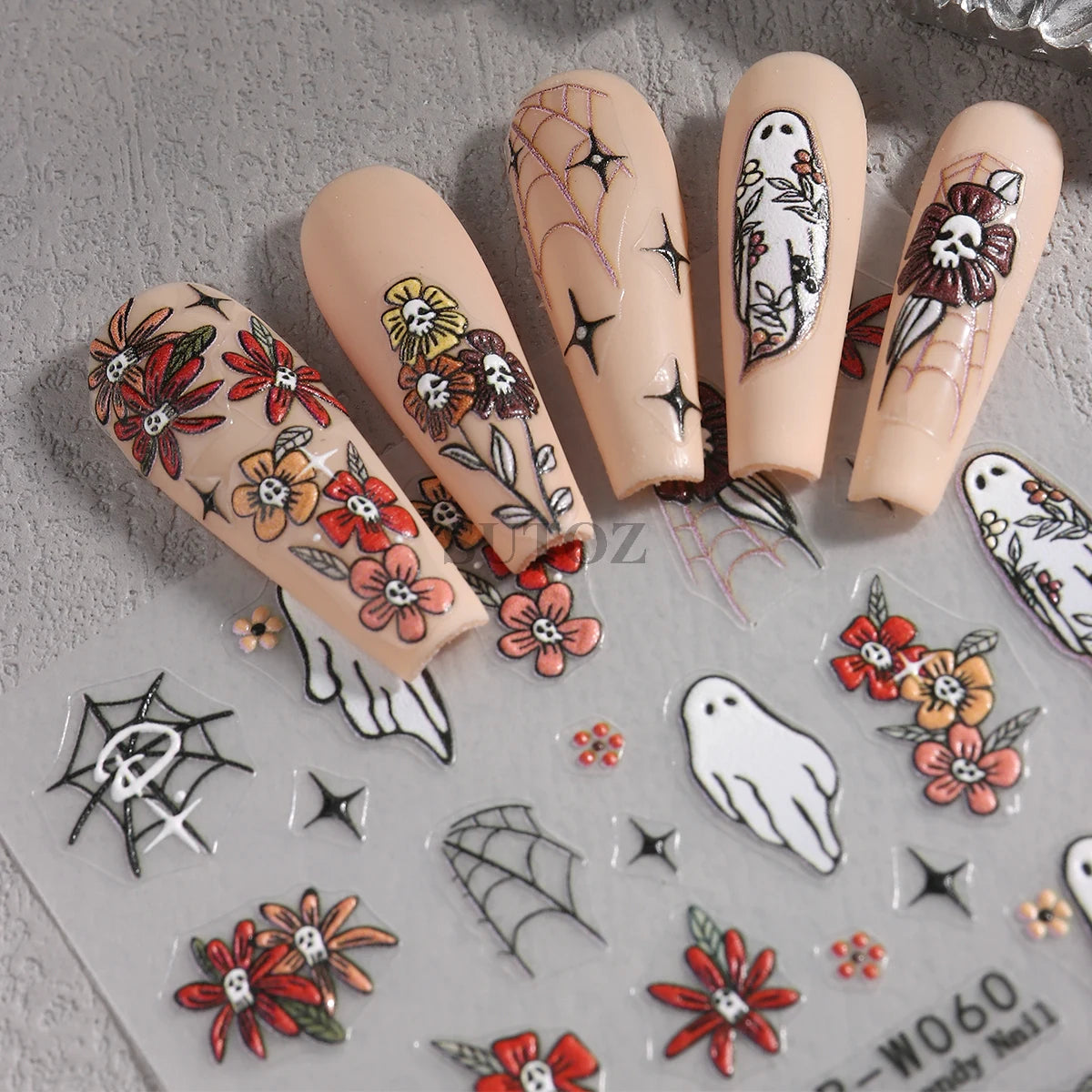 5D Embossed Ghost Nail Art Stickers Halloween Cartoon Pumpkin Skull Nail Decals Spider Web Daisy Sliders For Manicure NTJI-5D131