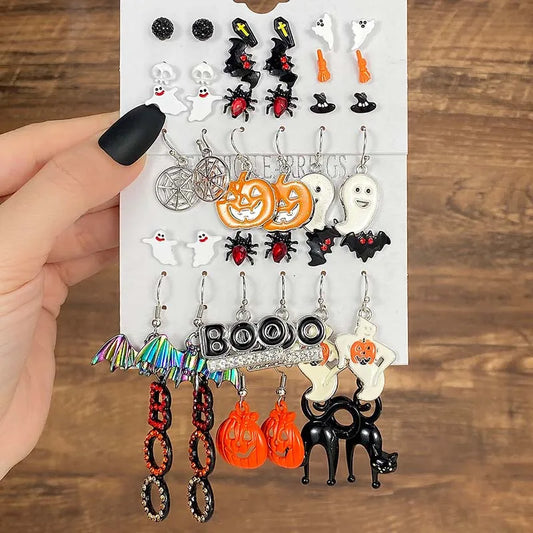 Halloween Series Earrings for Women Skeleton Ghost Cross Pendant Ear Studs Gothic Multi-Pack Earring Trendy Funny Jewelry Set