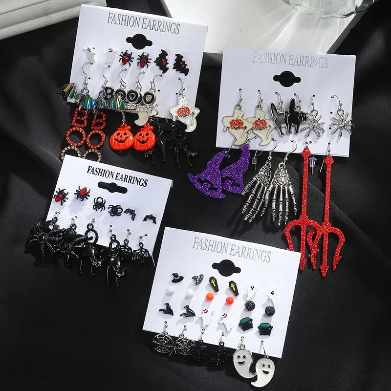 Halloween Series Earrings for Women Skeleton Ghost Cross Pendant Ear Studs Gothic Multi-Pack Earring Trendy Funny Jewelry Set