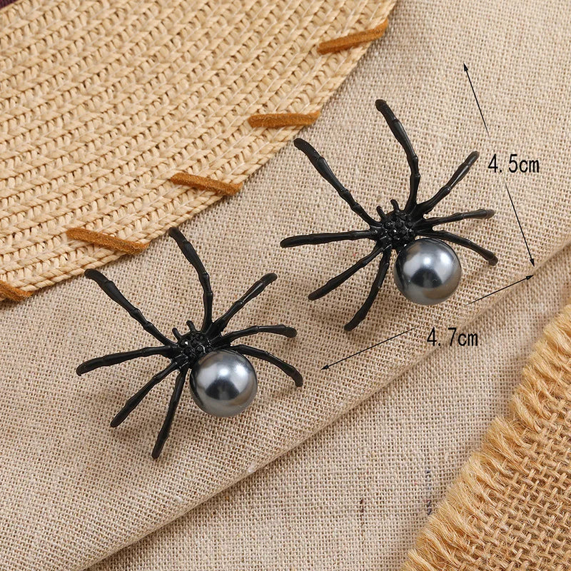 Halloween Hyperbole Dark Vintage Punk Earrings For Women Simple Personality Black Spider Alloy Pearl Jewelry Puncture Ear Studs