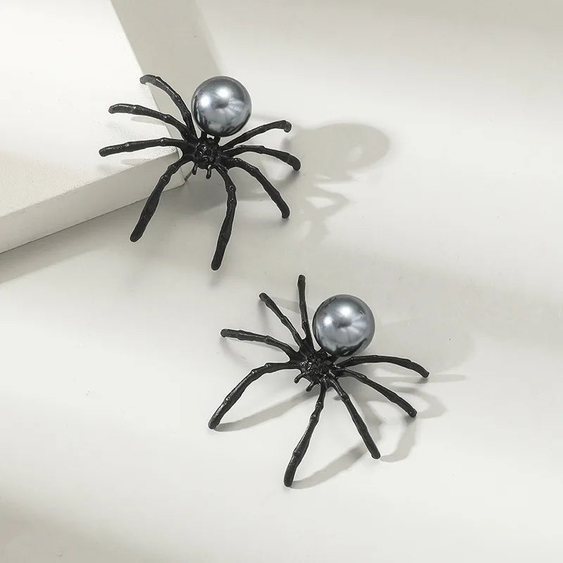 Halloween Hyperbole Dark Vintage Punk Earrings For Women Simple Personality Black Spider Alloy Pearl Jewelry Puncture Ear Studs