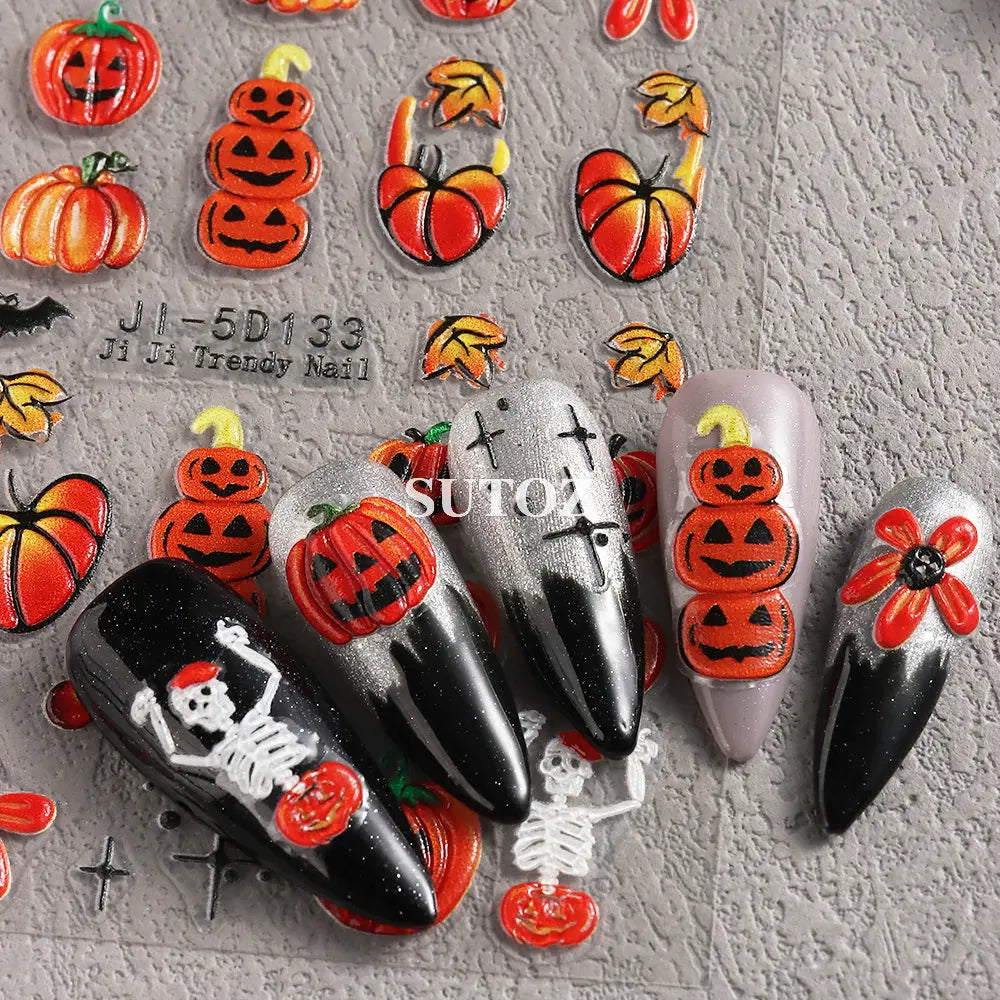 5D Embossed Ghost Nail Art Stickers Halloween Cartoon Pumpkin Skull Nail Decals Spider Web Daisy Sliders For Manicure NTJI-5D131