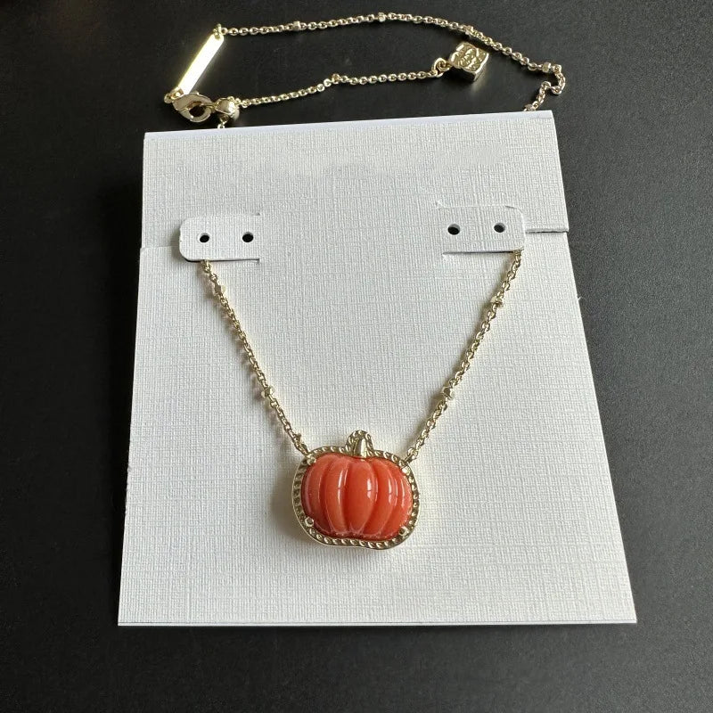 Halloween Orange Small Pumpkin Spooky Mood Gemstone Pendant Necklace for Women, Fashion Jewelry, Unique Gifts - Gifts and Funny Trinkets