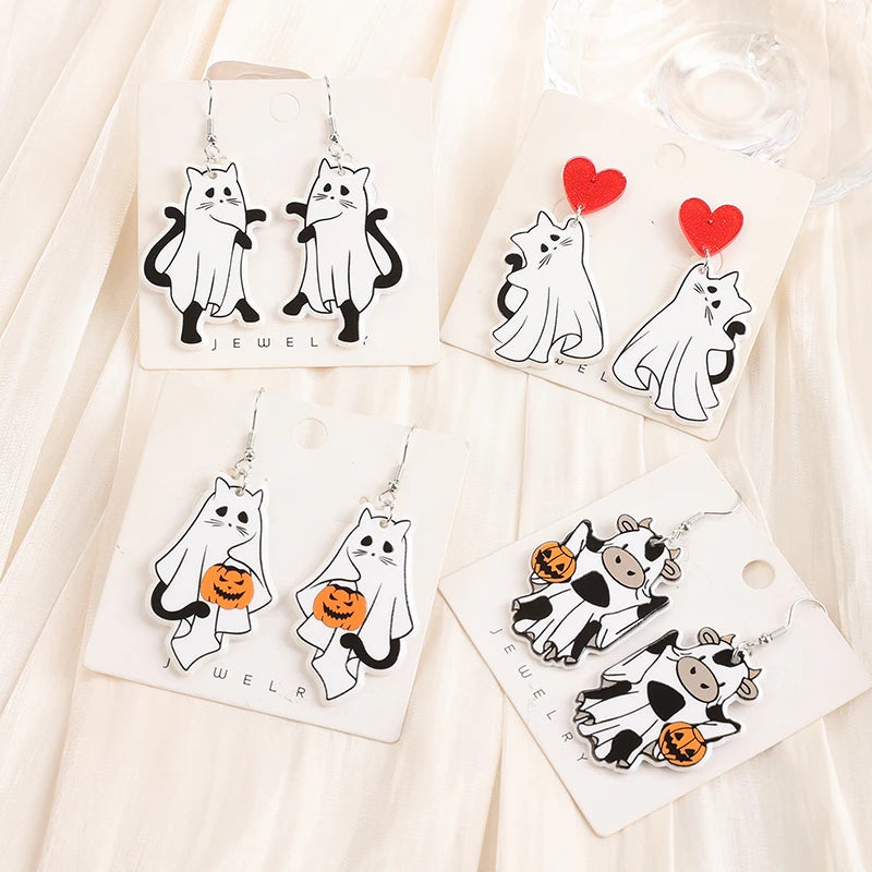 1Pair Halloween Drop Earring Creative Acrylic Cat Cow Ghost  Jewelry Stud Earring For Woman Girl Holiday Birthday Gift