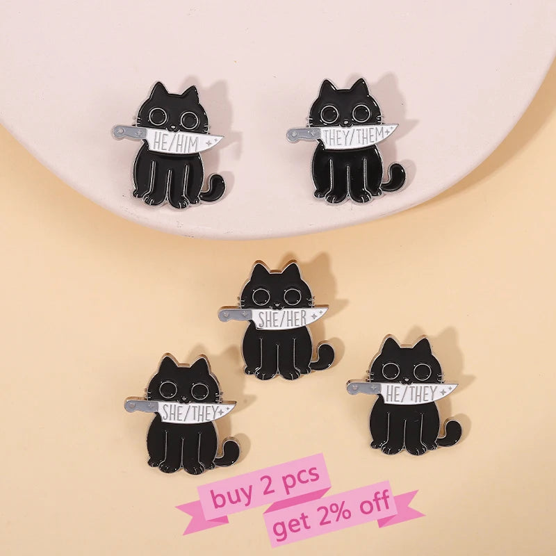 Pronouns Enamel Pins Custom Black Cats Dagger Brooches She Her He Him They Them Lapel Badges Animal Jewelry Gift for Friends - Gifts and Funny Trinkets