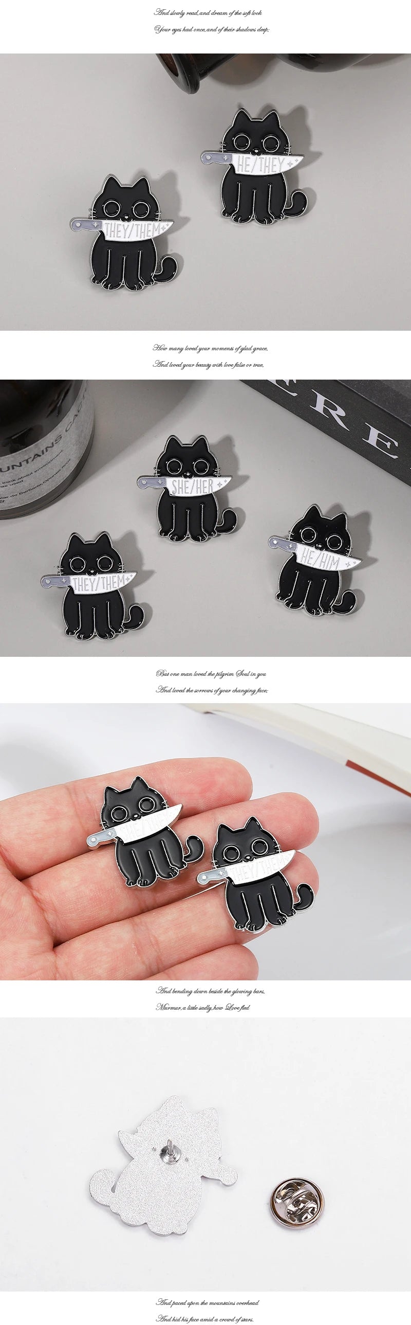 Pronouns Enamel Pins Custom Black Cats Dagger Brooches She Her He Him They Them Lapel Badges Animal Jewelry Gift for Friends - Gifts and Funny Trinkets