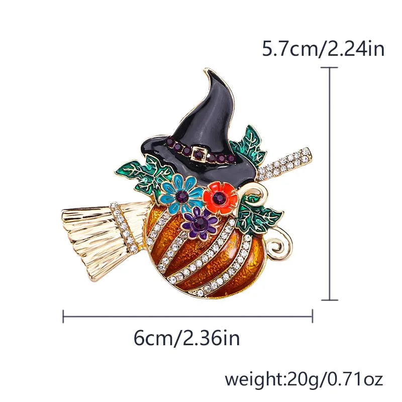 Personality Rhinestone Pumpkin Witch Brooches for Women Creative Enamel Hat Flower Broom Pins Halloween Jewelry Accessories