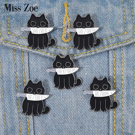 Pronouns Enamel Pins Custom Black Cats Dagger Brooches She Her He Him They Them Lapel Badges Animal Jewelry Gift for Friends - Gifts and Funny Trinkets