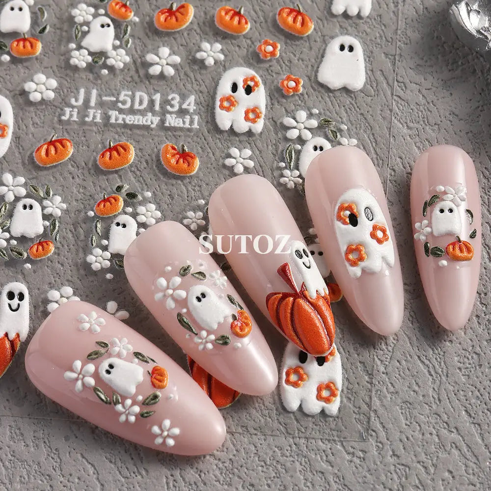 5D Embossed Ghost Nail Art Stickers Halloween Cartoon Pumpkin Skull Nail Decals Spider Web Daisy Sliders For Manicure NTJI-5D131