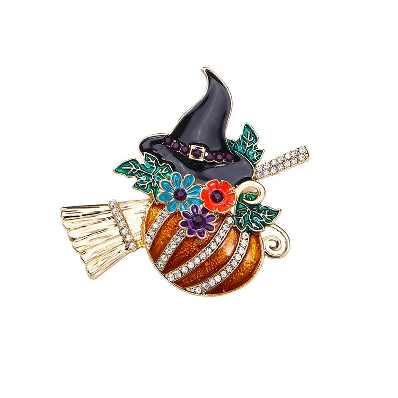 Personality Rhinestone Pumpkin Witch Brooches for Women Creative Enamel Hat Flower Broom Pins Halloween Jewelry Accessories