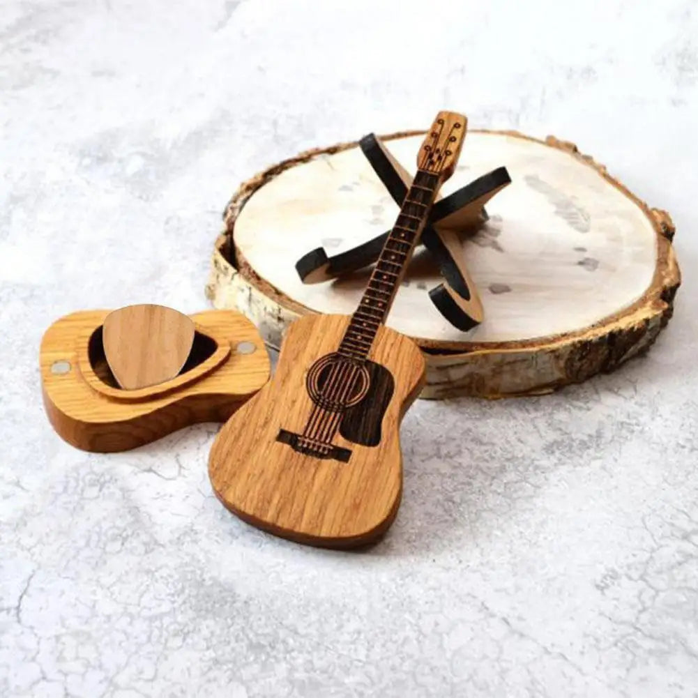 Wooden Guitar Pick Case Wooden Guitar Pick Storage Box with Stand 3 Picks Ukulele Acoustic Electric Plectrum for Guitarists - Gifts and Funny Trinkets