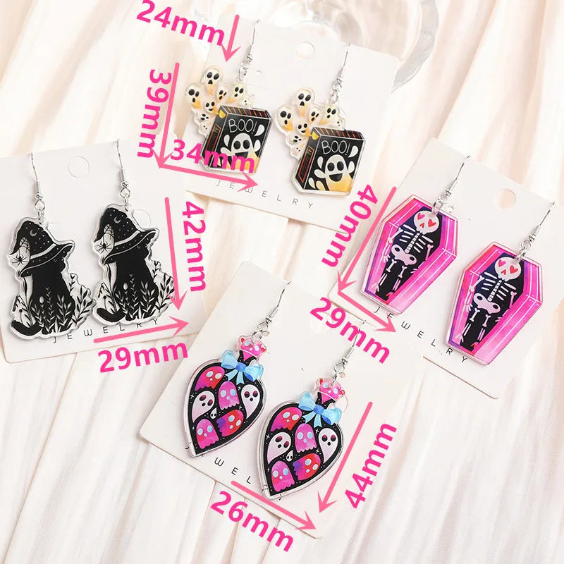 1Pair Halloween Drop Earring Creative Acrylic Witcher Cat Coffin Ghost Bottle Jewelry For Woman Girl Holiday Birthday Gift