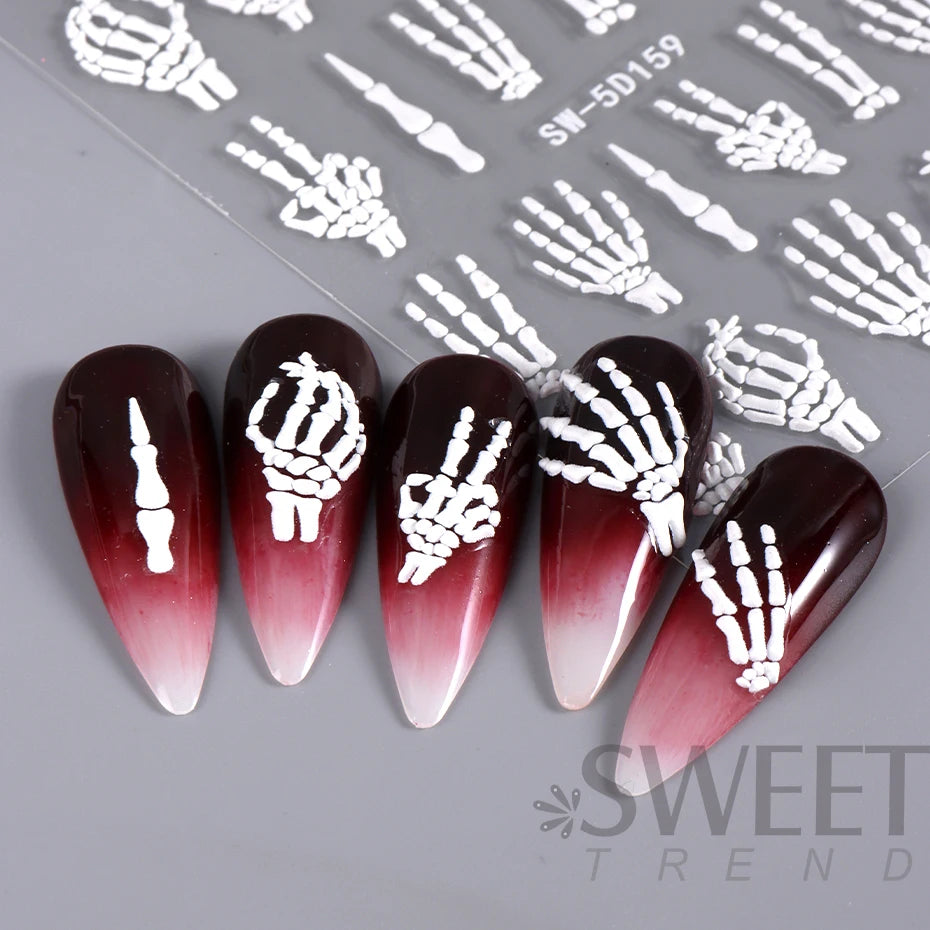 5D Halloween Hand Bones Nail Art Sticker Flower Petal Engraved Slider Decal DIY Manicure Decoration Tips Nail Accessories Tools