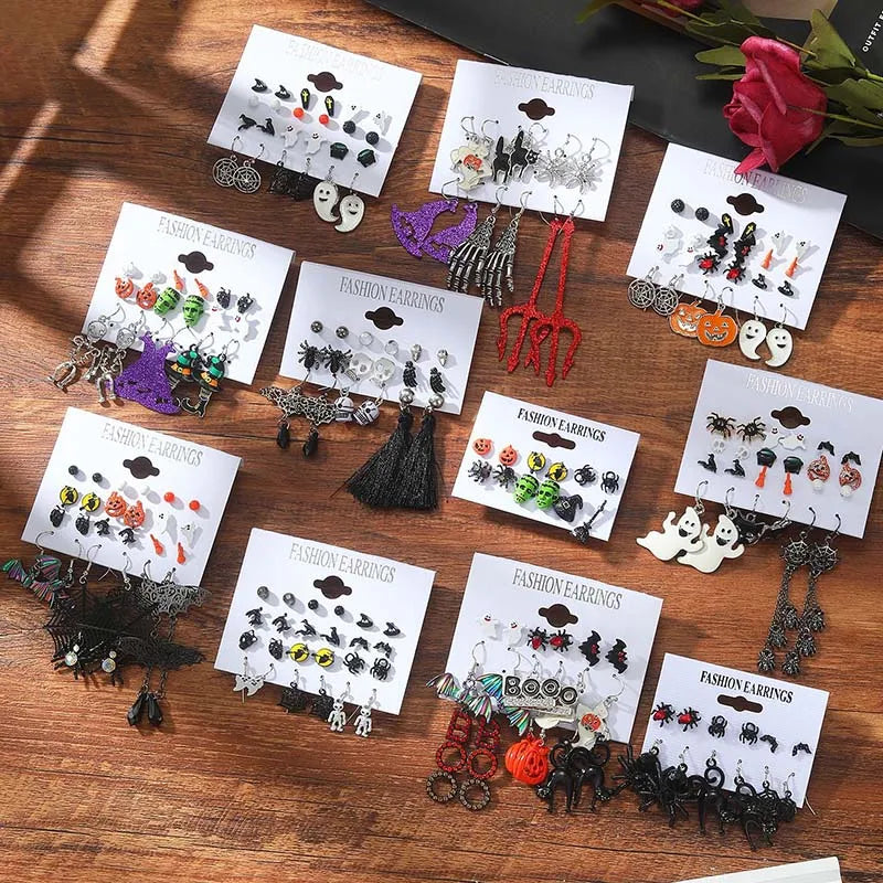 Halloween Series Earrings for Women Skeleton Ghost Cross Pendant Ear Studs Gothic Multi-Pack Earring Trendy Funny Jewelry Set