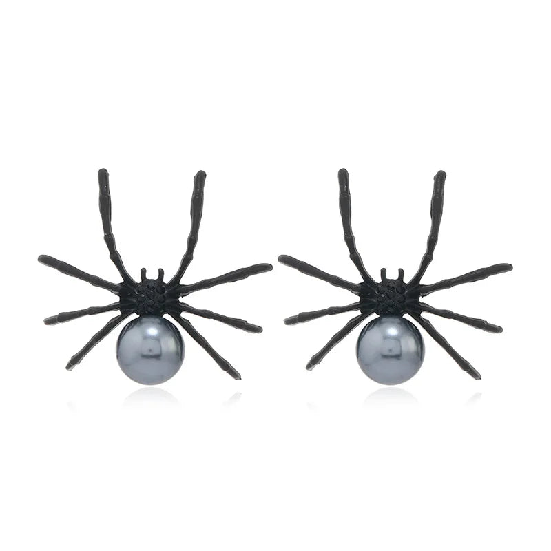 Halloween Hyperbole Dark Vintage Punk Earrings For Women Simple Personality Black Spider Alloy Pearl Jewelry Puncture Ear Studs