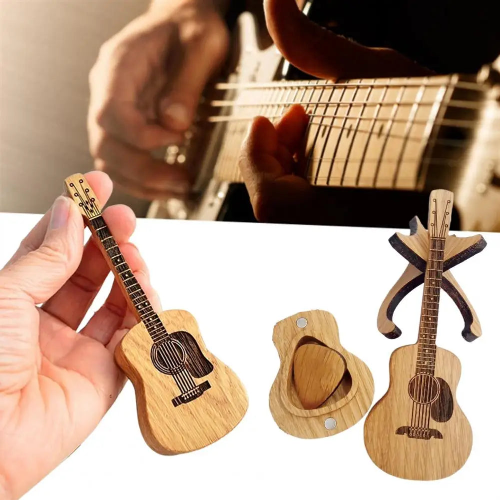 Guitar Pick Holder Handcrafted Wooden Acoustic Guitar Pick Box with Stand for Portable Storage of Picks Smooth for Guitarists - Gifts and Funny Trinkets