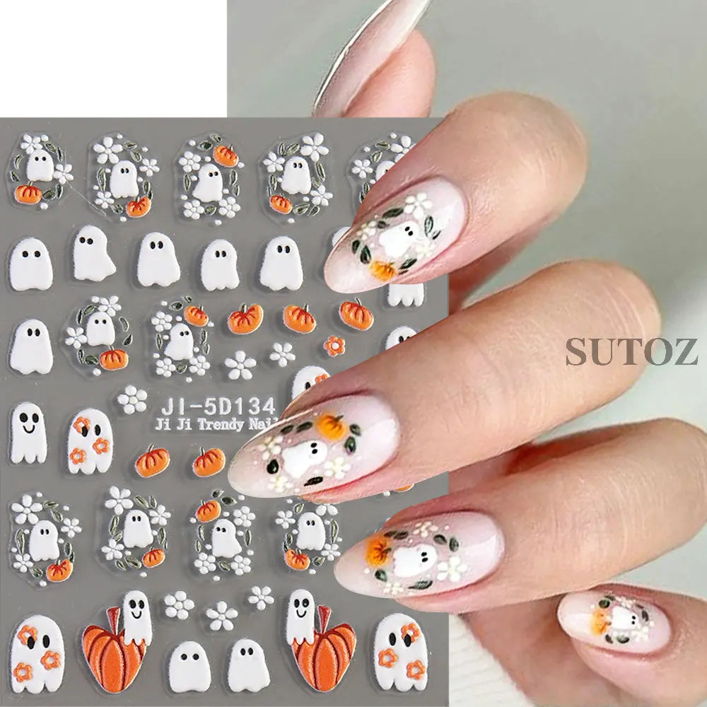 5D Embossed Ghost Nail Art Stickers Halloween Cartoon Pumpkin Skull Nail Decals Spider Web Daisy Sliders For Manicure NTJI-5D131