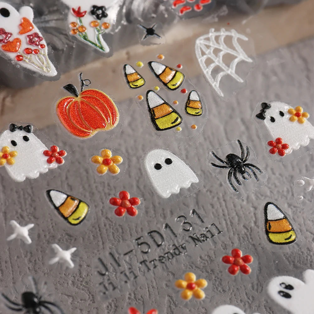 5D Embossed Ghost Nail Art Stickers Halloween Cartoon Pumpkin Skull Nail Decals Spider Web Daisy Sliders For Manicure NTJI-5D131