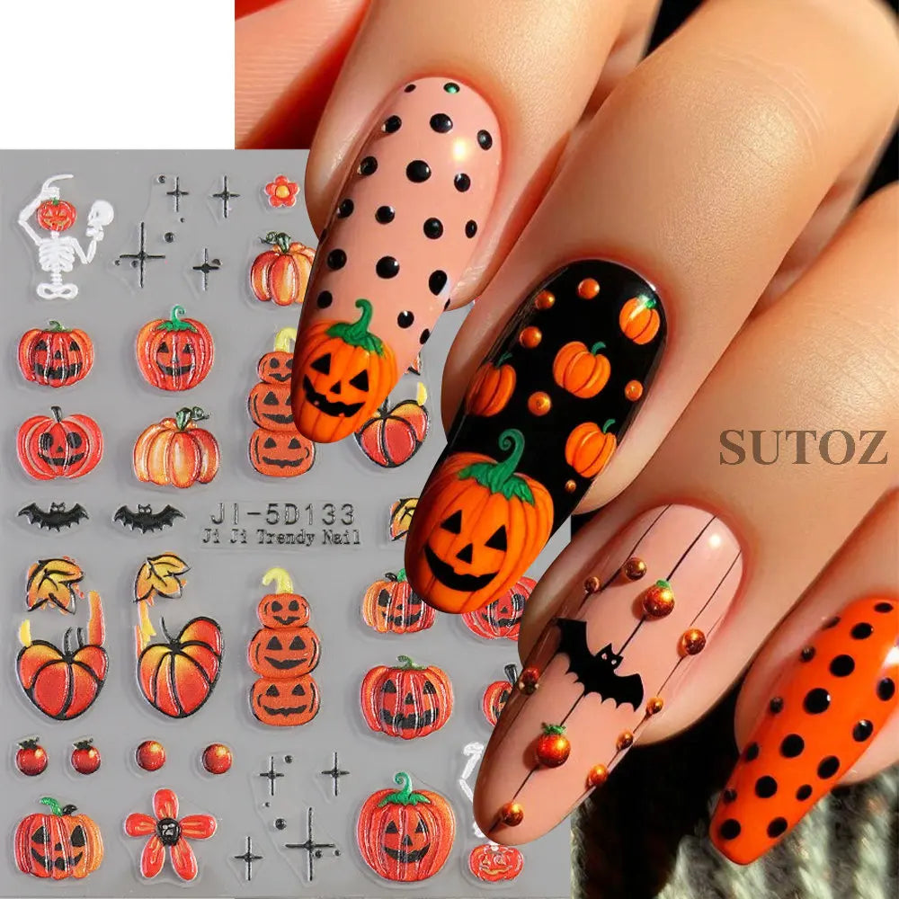 5D Embossed Ghost Nail Art Stickers Halloween Cartoon Pumpkin Skull Nail Decals Spider Web Daisy Sliders For Manicure NTJI-5D131